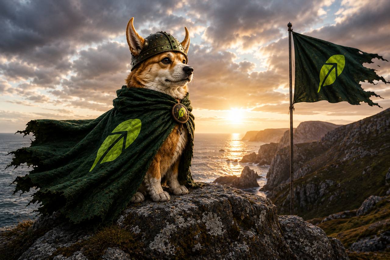 Floki the viking shiba standing on a cliff beside a torn banner at sunset